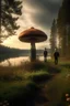 Placeholder: forest trail, big round mushroom men, dusk beside a lake