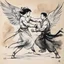 Placeholder: [traditional Chinese brush, expressive line, ink washes] Jacob wrestling with angel