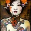 Placeholder: an abstract painting of rusted metal and flowers, beautiful smiling fullbody Yakuza Woman portrait, with fullbody japanese realistic tattoes, realistic,rust, scaffolding, iron cladding, decay, mixed media, textured, anatomically correct, beautiful perfect face, sharp focus, highly detailed by Gustav Klimt 8k