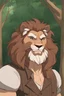 Placeholder: Middle aged man with brown hair, lion's ears and mane. Happy, grinning, proud, wearing leather, forest background. RWBY animation style