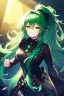 Placeholder: girl, masterpiece, best quality, cinematic lighting, detailed outfit, vibrant colors, perfect eyes, green hair, green eyes, long hair, black stockings, ponytail, messy hair,