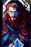 Placeholder: a high quality tarot card of a man in an anime style, the man has long flowing red hair and his eyes are dark blue, he is wizard like with a beard and wearing resplendent mystical robes. Gradient color scheme