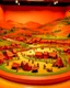 Placeholder: An orange colored valley with a village and an arena designed in Maori sculptures painted by Pieter Bruegel the Elder
