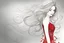 Placeholder: Beautiful lady with flowing hair, valentines in her hair, red dress, faded background, artful