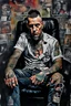 Placeholder: Ultra detailed medium portrait painting of a man, sitting on chair,ex-ganster in jail tattoos, rough look, bold, tear tattoo on face, mascara, evil look, chaos dark background,torn up collage of photo clippings, broken circuitry background, matrix effects, punk visual art, punk art aesthetic, graffiti art, pop surrealism, collage art, cluttered paint glitches