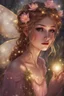 Placeholder: Blonde hair ,Pink dress,Sparkling fairy wings,Very long golden hair,Fairy crown,pointed ears,elven ears,fairy wings,water lilies,sparkling,glittering,flowers,blossoms,golden crown,light pink dress