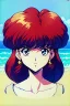 Placeholder: 1girl, retro anime, 80's, redhead,portrait, synth-wave colors, beach