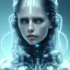 Placeholder: singer Danish MØ face, lumen lighting, led lights, <hanging wires> many wires connected to the head<perfect pupil> <cyborg> <garage> <sci-fi futuristic>