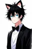 Placeholder: An attractive man with bright blue eyes, messy black hair, cat ears on his head, dressed like a butler, realistic anime