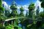 Placeholder: A futuristic alien city, with balconies, verandas, many arches, bridges, spires, paths, trees, dense foliage, Spanish moss, ivy, river, blue sky, white clouds