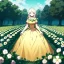 Placeholder: beautiful anime girl holding on to a flower and blowing the dried seeds into the air as the wind carries them away. outdoors scene.anime girl standing in a meadow of flowers. thw wind is blowing flower pedals into the wind. girl wearing yellow dress. more emphasis on seeds floating in the air. lots of seeds floating the air. lots of flower pedals floating the air behind the girl. rose pedals all over the ground.emphasis detail on the girls eyes, mouth and nose.