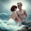 Placeholder: Aaron Carter with sexy Clara Bow, stormy seas, two people, Aaron Carter, romance, romantic, water, swimming, DAZ3D, by Michael Turner, soft lips, cinematic lighting, studio lighting, shine, 4K, fantastic view, girls at beach with her.