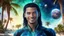 Placeholder: beautiful gorgeous young man na'vi with long hair, Avatar, blue skin, two small ears, green eyes, black hair, in cosmic suit, galactic ambiance, medium pointy goatee , smiling, with spaceship and planets and palm trees and clear crystaline cosmic beach in background