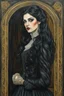 Placeholder: create a 3/4 profile, full body oil pastel of a dark haired, savage, ornately dressed, gothpunk vampire girl with highly detailed , sharply defined hair and facial features , in a smokey 19th century train station in the Pre-Raphaelite style of JOHN WILLIAM WATERHOUSE