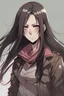 Placeholder: Attack on Titan A girl with long black hair, black eyes, a little pink mouth, wearing a black jacket.