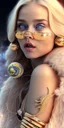 Placeholder: brown eyes, laugh, blonde sophie hennie cute young woman singing at saturns europa moon, golden jewelry, ice cold, winter, magnificent, majestic, highly intricate, incredibly detailed, ultra high resolution, complex 3d render,renaissance painting