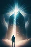 Placeholder: person standing in front a infinite high realistic building in a cloudy night with light rays coming out of him