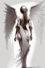 Placeholder: full body woman angel from back, wings coming from back of her shoulders, bun haired angel wearing long tunic ultra realistic drawing