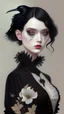 Placeholder: painting by koson ohara and marta bevacqua, portrait of a beautiful goth woman with black hair have a crow as a pet, wearing a black dress, 8k, high quality, highly detailed full body