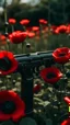 Placeholder: black gun with red kiss on it in a garden full of red poppies. cinematic