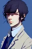 Placeholder: A handsome cute androgyne man resembling Fyodor Dostoevsky and Dazai from Bungo Stray Dog with Royal blue eyes and a triple black triple bang haircut pointing a gun at the camera