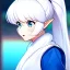 Placeholder: Clear focus, 8k, Elf, ranma drawing style, White hair, ponytail, hair in between the eyes, up close,