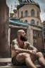 Placeholder: macho russian man sunbathing, sitted on an empty street, 38 years old, dirty tank top, tattoo, bullneck, hands behind the neck, ripped dirty shorts, manly chest, very hairy, short beard, big shoulders, relaxed, photorealistic, well defined facial features, half figure photography, view angle from the ground