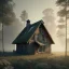 Placeholder: Abandoned attic simple modern concrete house,in the forest, brick walls, highly detailed, hill in the background, two windows on the front wall, with roof, concept art by Greg Rutkowski