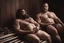 Placeholder: full body shot photography, two muscular chubby ugly burly marocan men , sweat, bulge, masculine hairy 43 year old man, curly hair, manly chest, curly beard ,big shoulders, big arms, big legs, bulge,, ambient occlusion , lying down sleeping in a steamy Sauna, super high resolution, 8k, dim light, side light, ultra hyper realistic, frontal view