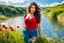 Placeholder: beautiful girl supper model, in nice red top ,blue pants, with curvy hair,perfect face,perfect eyes,country side wavy narrow river ,wild flowers ,blue sky nice clouds,