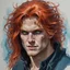 Placeholder: dnd, fantasy, watercolour, portrait, illustration, realistic hair, male, face, green eyes, determined, happy, red hair, very long hair, radiating light, five o'clock shadow