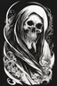 Placeholder: A realistic drawing in negative space black ink on white background of a beautiful reaper with abstract brushstrokes design baroque