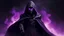 Placeholder: Dark hooded figure, mysterious, evil, black smoke, dark background, glowing eyes, purple, cyberpunk dystopian armor, battle stance, powerful, cyberpunk mask, black robe cape, pure dark energy, black clean background, side profile face view, dark purple, landing pose, heavy battle armor, powerful god