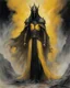 Placeholder: fantasy painting of a male sauron-nazgûl-king-in-yellow wearing minoan clothes. sheets of black smoke and glowing embers extending from her body. full body. concept art in the style of Alan lee john howe greg rutkowsky william morris Michael whelan Walter simonson.