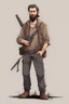 Placeholder: man, beard, brown hair, illustration, looking serious, full body, standing, mean,, looking sideways, holding a riffle