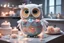 Placeholder: cute chibi plushy fluffy knitted and embroidered natural colored owl with cake in a kitchen, feathers, iridescent flowers incorporated, light emitting, bioluminescent holographic room, silver foil, sparkling diamonds, holographic raw pearls, ethereal, cinematic postprocessing