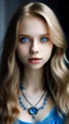 Placeholder: bleu dress , Age 22, girl, white Complexion, light brown eyes, almond eyes shape, long hair, blonde silky hair, square face, button nose,bleu evil eye necklace