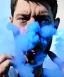 Placeholder: Realistic image, a guy doing a fuck you with his hand coming out of blue smoke from his eyes, nose and mouth. soft color, highly detailed, unreal engine 5, ray tracing, RTX, lumen lighting, ultra detail, volumetric lighting, 3d, finely drawn, high definition, high resolution.