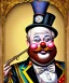 Placeholder: happy old friendly fat clown with round head and trimmed beard playing jazz with a steampunk theme, circus, realistic