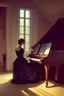 Placeholder: A beautiful victorian lady playing a piano in a room, men watching,charming, classic, highly detailed, oil painting, matte dark background, royal room ,by carl vilhelm holsoe