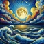 Placeholder: Pointillist artwork. Medium shot. Animated waves and storm clouds partially occlude the huge moon in a nighttime sea storm. Wide angle lens. Mikalojus Konstantinas Ciurlionis inspired pointillism with Miriam Schapiro's vibrant colors. Geometric shapes and patterns reminiscent of Naomi Okubo's style. Screen print textures and pop art aesthetic. Triadic colors with blue, yellow, and red hues. Golden hour glow with symmetrical composition. 8k resolution, highly detailed, trending on Artstation, fol