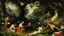 Placeholder: An oil painting by Caravaggio and Myazaki of people practicing yoga surrounded by blooming flowers and lush vegetation.