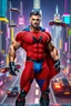 Placeholder: An extremely muscular, athletic man with a short, black hair, blue eyes, goatee, wearing a bright red, textured formfitting bodysuit, wearing blue trunks on the outside of the bodysuit, a black leather, knee-high black leather boots, black wrist gauntlets, blue cape, with a black Capital letter "M" on the chest, posing against a futuristic cityscape, Neon-lit, Extremely colorful, Flying cars