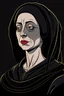 Placeholder: A portrait of a 40-years old beautiful aristocrat woman from XV century in strict dark clothes, authoritative, cold, emotionless, in the style of Genndy Tartakovsky's cartoons, uncovered head