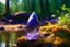 Placeholder: amethysts crystal, with transparency, in a forest, lake with fairies