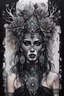 Placeholder: portrait vantblack pouring Acrylic an cyberpunk shaman woman extremely textured botanical-metal faced portrait with a voidcore metal gothica headdress with metallic filigree gothica ornaments around onix stones mineral stone metallic watercolour an black ink filigree silver voidcore shamanism foral ornaments plants and tree branches black ink on half face masque gothica filigree voidcore athmospheric organic bio spiral ökoart creepy stunning