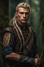 Placeholder: photorealistic hyperdetailed portait of 20-year-old german male, as mercenary with long blonde braided and undercut hair, tribal tattoos and neatly trimmed beard wearing modern mercenary uniform dark fantasy forest backdrop