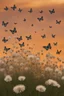 Placeholder: Butterflies flying up from a field of dandelions at sunset
