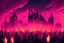 Placeholder: Pink Halloween party with yellow candles and a crowd in a lighted city under the sky