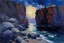 Placeholder: Dark blue sky, rocks, cliffs, 90's sci-fi movies influence, fantasy, mountains, konstantin korovin and ludwig dettman impressionism paintings